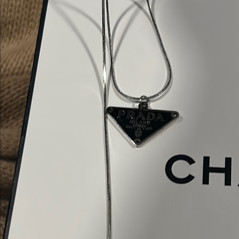 Prada Fashion  Black and Silver Logo Pendant Necklace - Picture 7 of 8